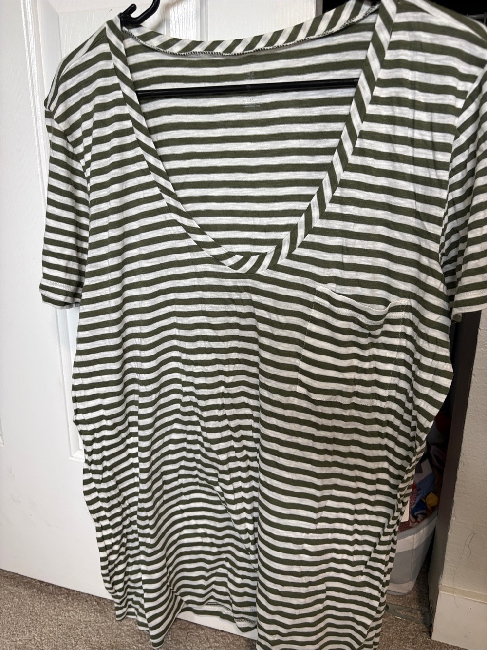 Caslon Olive Green and White Striped V-Neck Tee